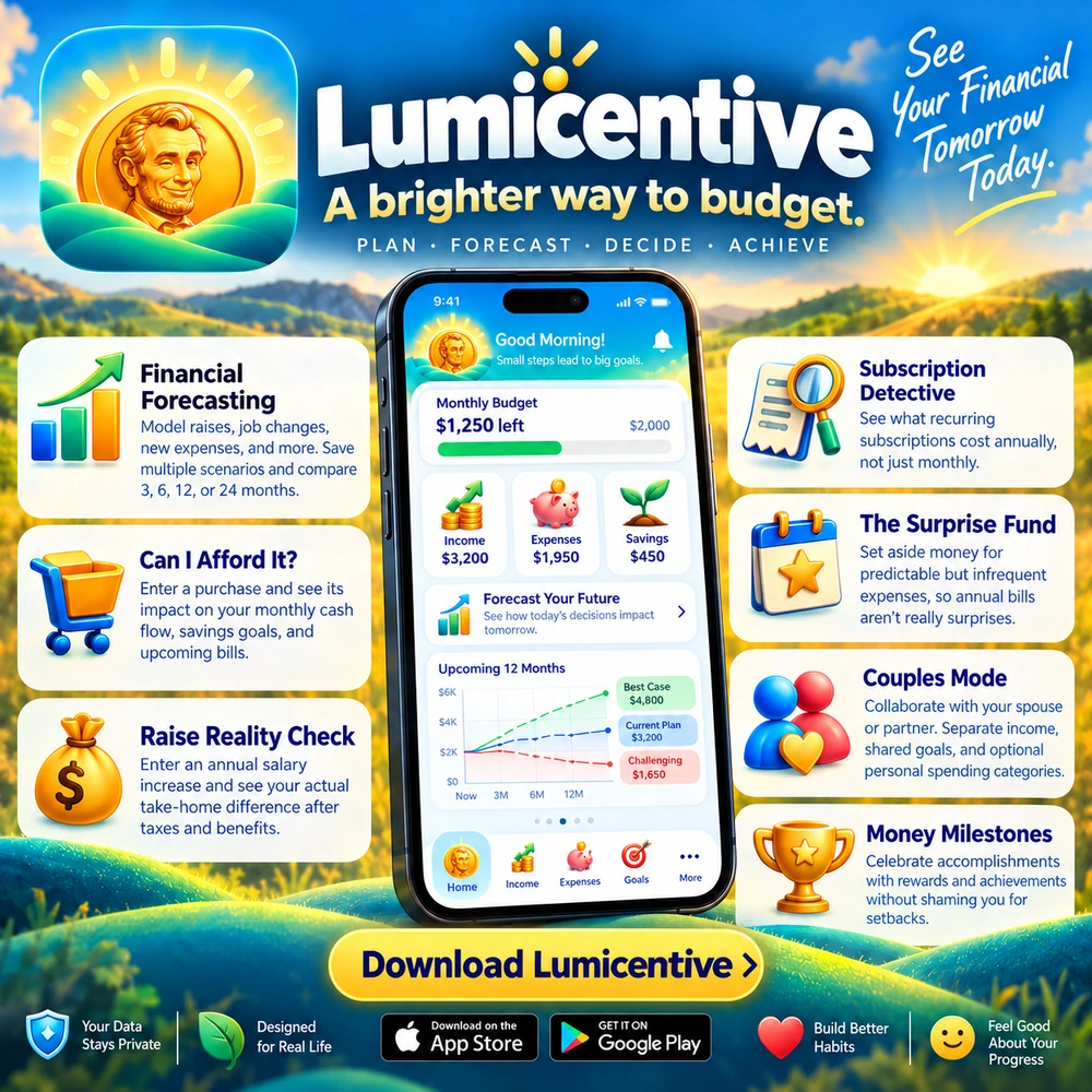 Lumicentive concept artwork illustrating financial forecasting, affordability checks, subscription insights, and goals